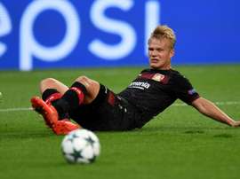 Joel Pohjanpalo reacts during the match between Bayer Leverkusen and Moscow. AFP