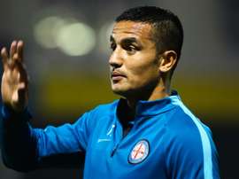 Australian international Tim Cahill warms up before his debut FFA match for Melbourne City against the Brisbane Strikers, at Perry Park in Brisbane, on August 24, 2016