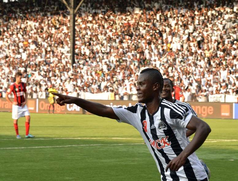 TP Mazembes Tanzanian forward Mbwana Samatta celebrates after scoring a goal against USM Algers during their champions league match