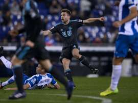 Real Sociedads midfielder Asier Illarramendi (C) reacts as he scores during the Spanish league. AFP