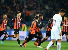 Les joueurs du Shakhtar Donetsk en liesse après le but de la victoire inscrit par Fred. AFP