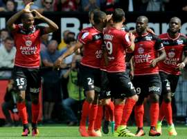 La joie des Guingampais après le 2e but inscrit par Jérémy Sorbon contre Marseille au Roudourou, le 21 août 2016