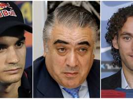Fotografías de archivo del piloto Dani Pedrosa, el expresidente del Real Madrid Lorenzo Sanz y el exfutbolista del Zaragoza y del Barcelona Gabi Milito (i a d), que aparecen en la lista de morosos con Hacienda. EFE/Archivo