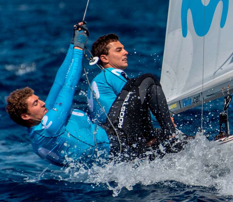 Los tripulantes Jordi Xammar y Nicolás Rodríguez durante la prueba de 470 en la 50 edición del Trofeo Princesa Sofía Iberostar disputada hoy en la Bahía de Palma. EFE/ Cati Cladera/Archivo