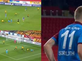Sorloth earned a penalty after running 70 metres. Capturas/Twitter