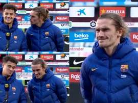 Griezmann tenta atrapalhar a entrevista de Coutinho. Captura/BarçaTV