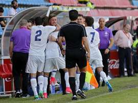 Dani Gomez célèbre un but avec Guti. RFEF