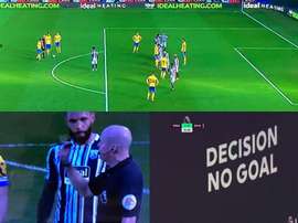 Lewis Dunk had a quick free-kick disallowed by VAR at WBA. Screenshots/DAZN
