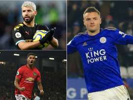 Rashford, Vardy e Agüero estão entre os artilheiros da Premier. Montagem EFE/AFP